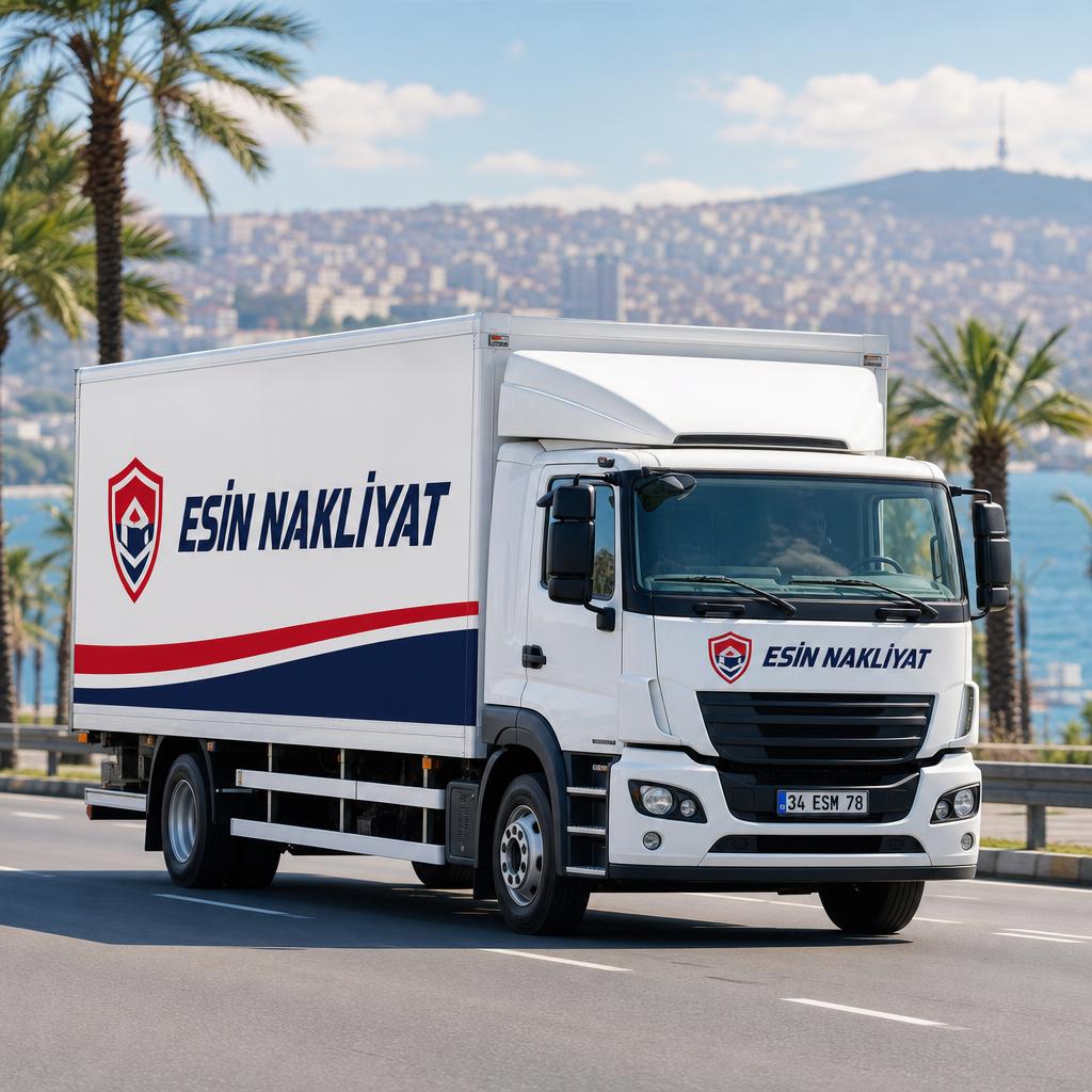Esin Nakliyat logolu beyaz nakliyat kamyonu Mersin sahil yolunda
